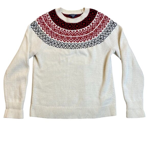 Chaps Womens Sweater L Nordic Fair Isle Ivory Red Black Cotton Blend - Picture 1 of 9